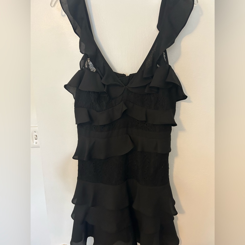 Bardot ruffle lace black dress
